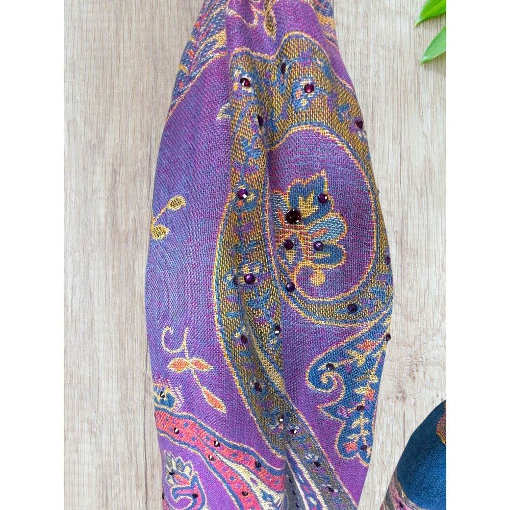 Boho Paisley Embellished Scarf Blue Pink Multi Fringe Indie Artsy Festival - Picture 2 of 5